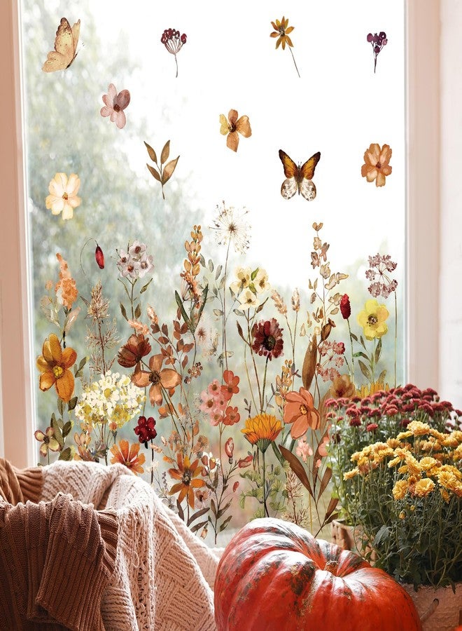 وولاين مجموعة ملصقات نوافذ من Whaline، 6 أوراق، بتصميم زهور برية خريفية، لون بني عتيق، قابلة لإعادة الاستخدام، مثالية لتزيين حفلات الخريف وعيد الشكر، المنزل، الفصل الدراسي، والمكتب. - Image 4