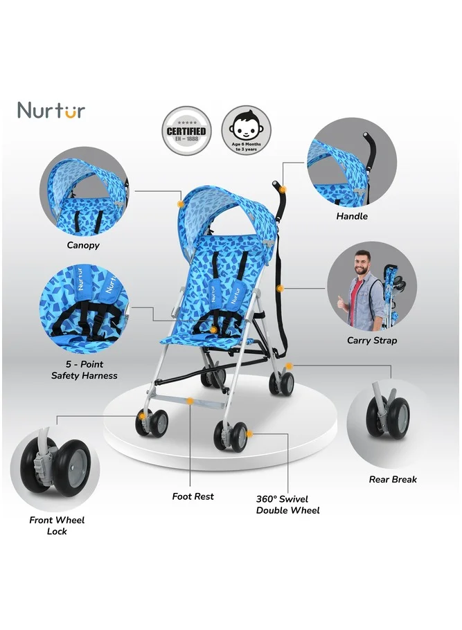 Nurtur Rex Lightweight Stroller – Compact Fold, Sun Canopy, Shoulder Strap, Airflow Design, Portable Buggy for Toddlers 6-36 Months, Easy Fold, - Blue