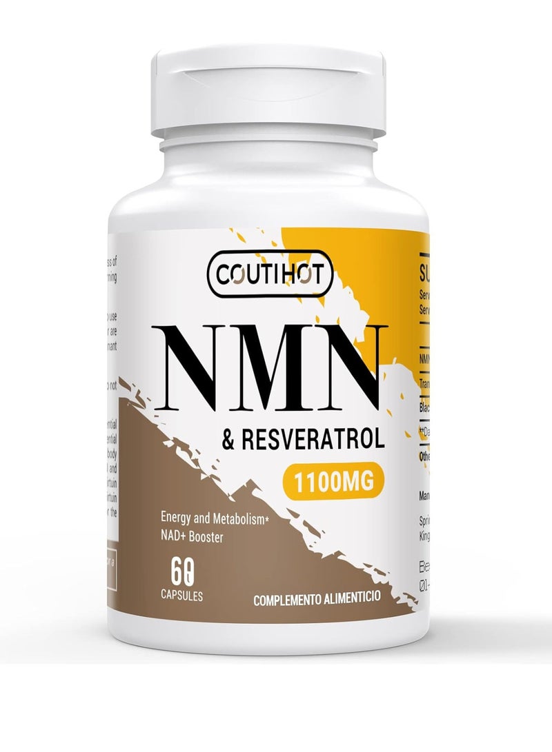 coutihot NMN and Trans-Resveratrol 1100mg - with Black Pepper Extract Blend - Powerful Antioxidant Support for Cellular Health & Longevity - Gluten-Free, Non-GMO - 60 Capsules (Pack of 1) - Image 1
