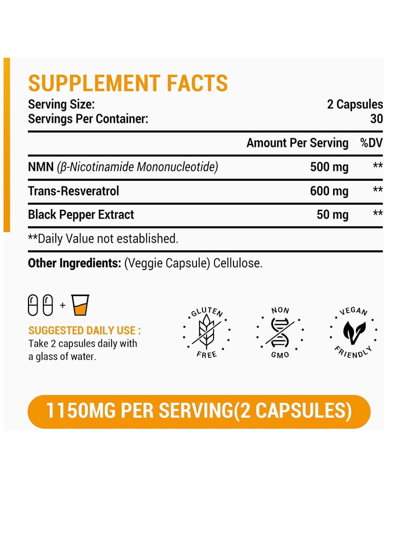 coutihot NMN and Trans-Resveratrol 1100mg - with Black Pepper Extract Blend - Powerful Antioxidant Support for Cellular Health & Longevity - Gluten-Free, Non-GMO - 60 Capsules (Pack of 1) - Image 2
