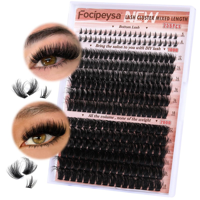 Focipeysa Eyelash Clusters 100D 200D Lashes Extensions with Bottom Lash Volume Fluff Lash Clusters 256pcs Individual Eyelash Extensions 12-18mm Eyelash Extensions DIY D-Curly Lash Extension at Home - Image 1