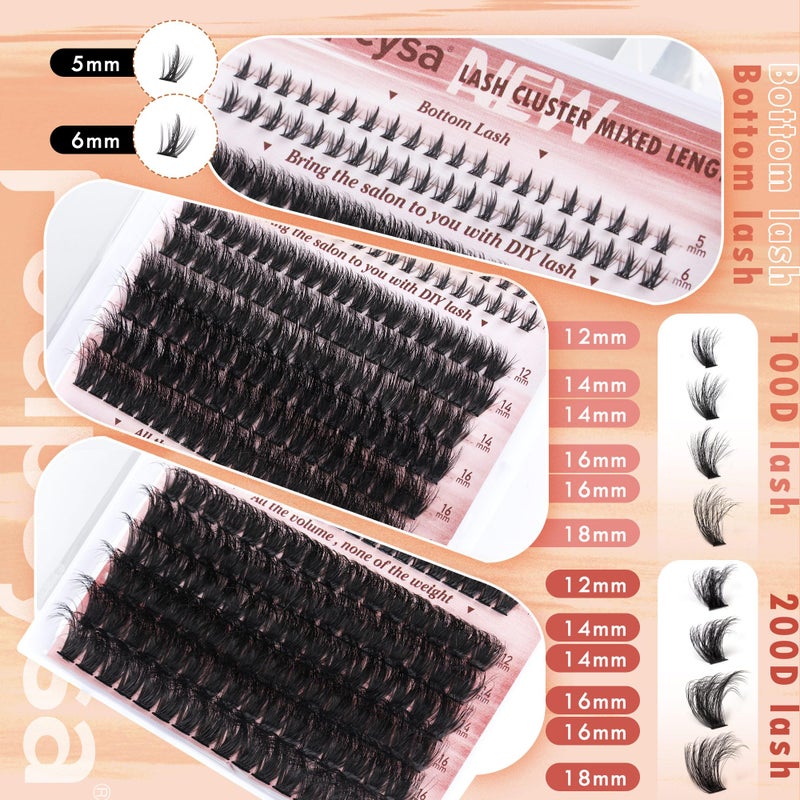 Focipeysa Eyelash Clusters 100D 200D Lashes Extensions with Bottom Lash Volume Fluff Lash Clusters 256pcs Individual Eyelash Extensions 12-18mm Eyelash Extensions DIY D-Curly Lash Extension at Home - Image 4