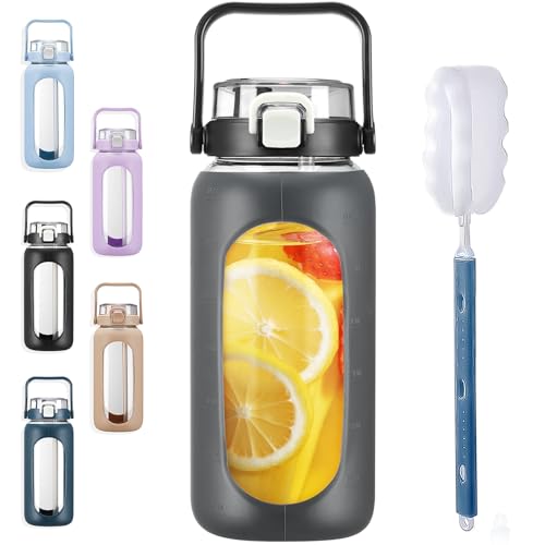 BLUEGO 64oz Glass Water Bottles with Straw Time Marker Half Gallon Large Motivational Water Bottle with Silicone Sleeve 2 Liter Large Glass Water Jug for Gym Sports Workout Daily Dark Grey