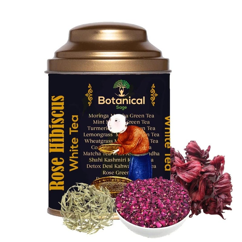 Botanical Sage شاي الأعشاب - شاي الورد والهيبسكوس الأبيض 50غ (عبوة من 2) | مختار | شاي فاخر | شاي هيمالايا الأبيض بتلات الورد والهيبسكوس وورد الورد - Image 1