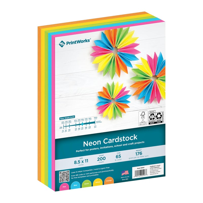 PrintWorks Neon Cardstock 8.5" x 11" - 200 Sheets - 5 Assorted Fluorescent Colors - Ideal for School & Craft Projects - 65 lb/176 gsm - Made in the USA - FSCÂ® Certified (00597) - Image 1