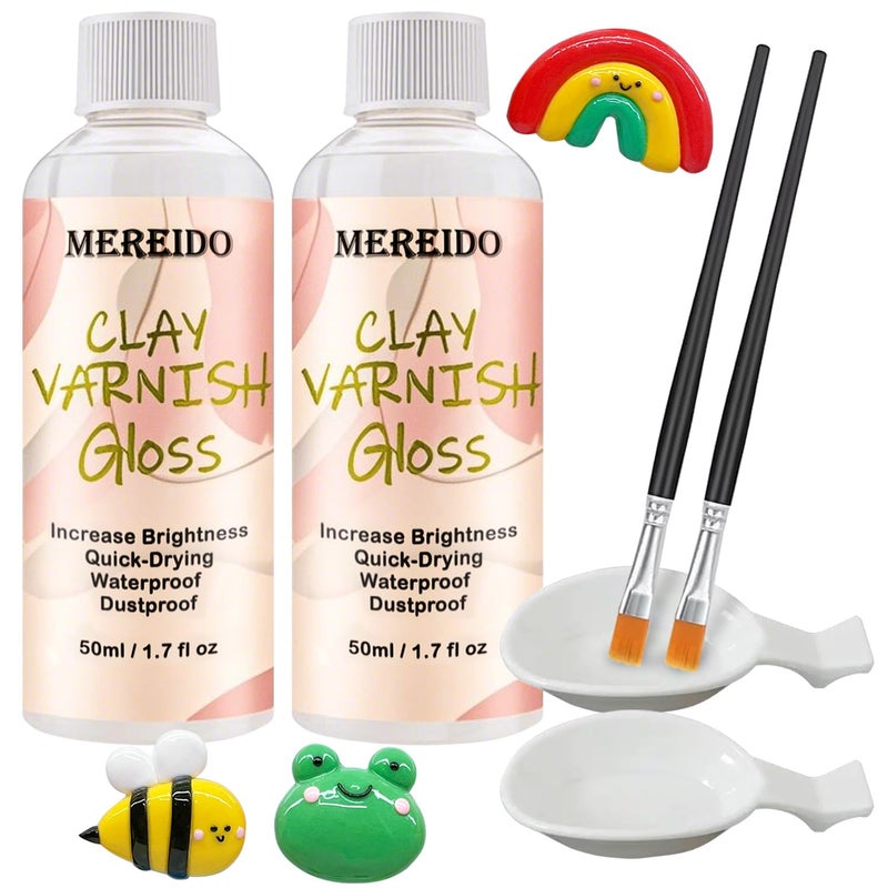 Mereido Air Dry Clay Varnish Set with 2 Brushes and 2 Dishes, 50ML x 2 Acrylic Glaze, Clear Clay Glaze Used to Prevent Clay Cracking, Scratches, and Wear, Having a Gloss Glaze Effect (Gloss) - Image 1