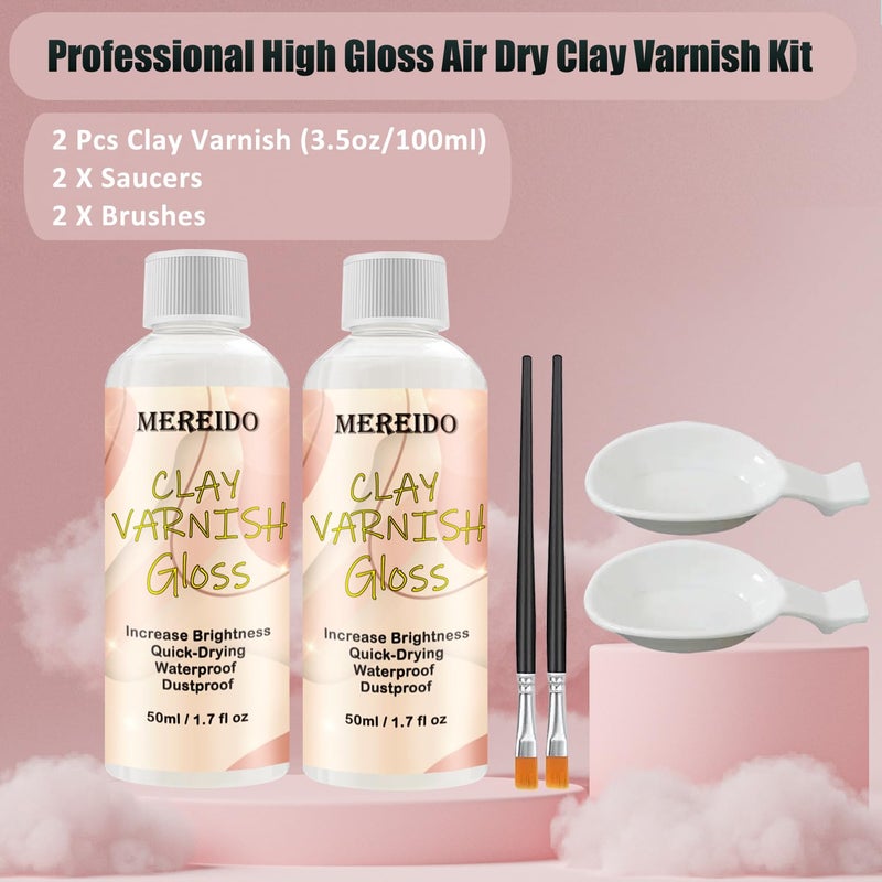 Mereido Air Dry Clay Varnish Set with 2 Brushes and 2 Dishes, 50ML x 2 Acrylic Glaze, Clear Clay Glaze Used to Prevent Clay Cracking, Scratches, and Wear, Having a Gloss Glaze Effect (Gloss) - Image 2