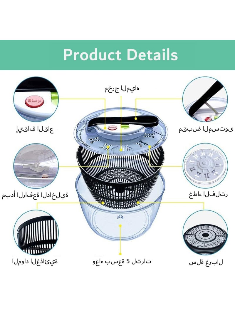 Arabest 5L Salad Spinner, Multifunction Manual Salad Spinner, Lettuce Dryer and Vegetable Washer, BPA Free, Vegetable Washer Spinner Dryer, For Salad Greens, Lettuce, Fruits and Vegetables - Image 3