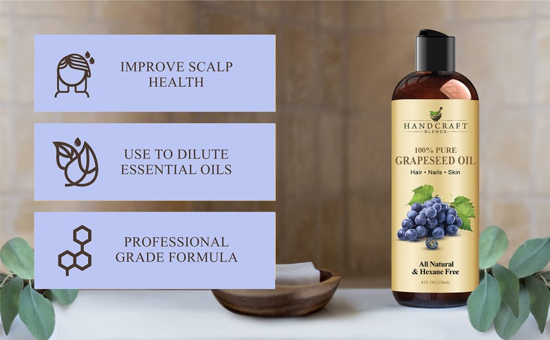 handcraft Blends زيت بذور العنب - معصور على البارد 8 أونصة سائلة - 100% نقي وطبيعي - زيت ناقل من الدرجة الممتازة للبشرة والشعر - للشعر والجسم - تدليك - خالي من الهكسان - Image 4
