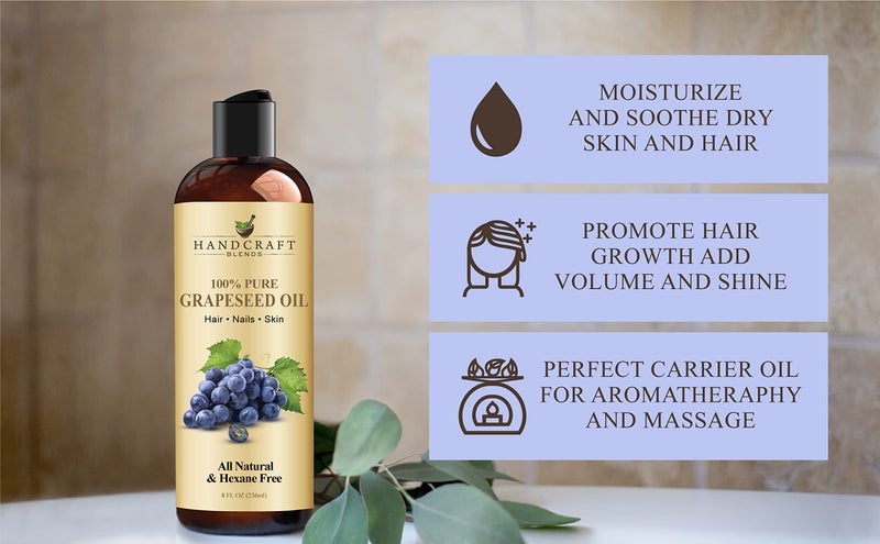 handcraft Blends زيت بذور العنب - معصور على البارد 8 أونصة سائلة - 100% نقي وطبيعي - زيت ناقل من الدرجة الممتازة للبشرة والشعر - للشعر والجسم - تدليك - خالي من الهكسان - Image 5