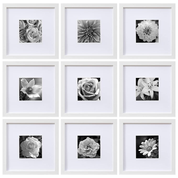 10X10 PICTURE FRAMES SET OF 9 WITH MAT FOR 5X5 PHOTOS OR WITHOUT MAT FOR 10X10 SQUARE GALLERY WALL DECOR COLLAGE FOR PICTURE DISPLAY WHITE FRAME SET FOR WALL HANGING