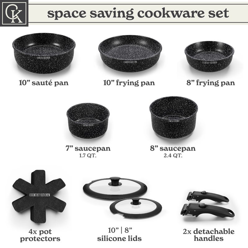 Country Kitchen Country Kitchen Cookware Set with Removable Handle, Oven & RV Safe Pots and Pans Set, Black, Original  - Image 3