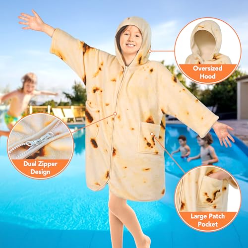 Suncube SUN CUBE Hooded Towel Robe for Kids, Zip Up Swim Parka Beach Cover Up for Girls Boys, Surf Poncho Changing Bath Towel 7-10, Burrito Tortilla - Image 3