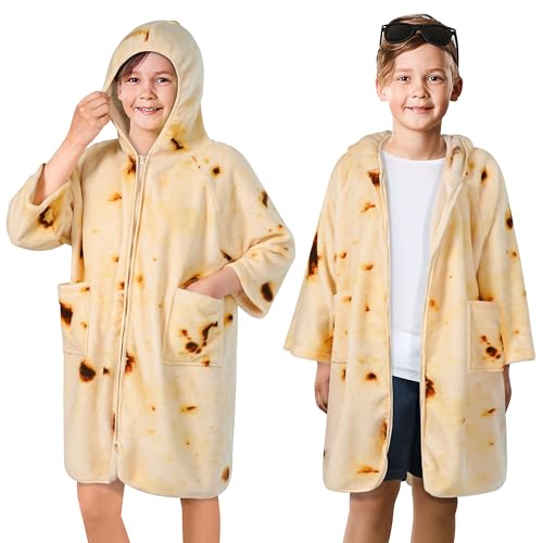 Suncube SUN CUBE Hooded Towel Robe for Kids, Zip Up Swim Parka Beach Cover Up for Girls Boys, Surf Poncho Changing Bath Towel 7-10, Burrito Tortilla - Image 1