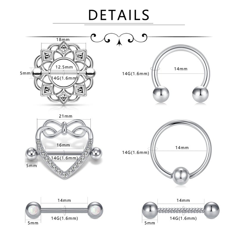 D.Bella 14G Nipple Rings with Choker Necklace - Silver Surgical Steel 14mm 16mm Piercing Barbell - Image 2