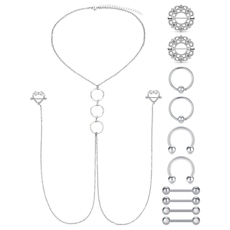 D.Bella 14G Nipple Rings with Choker Necklace - Silver Surgical Steel 14mm 16mm Piercing Barbell - Image 1