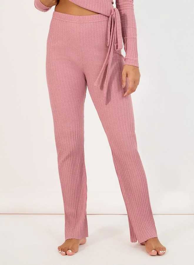 Styli Styli Brushed Rib Wrap Tie Top and Flared Trouser Lounge Set