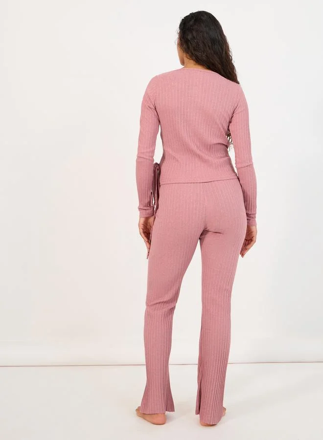 Styli Styli Brushed Rib Wrap Tie Top and Flared Trouser Lounge Set