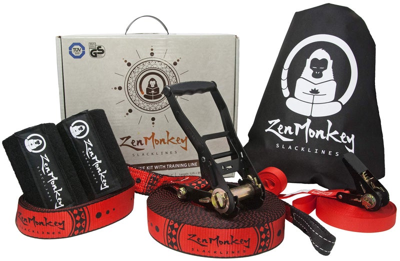 ZenMonkey Slacklines ZenMonkey Slackline Kit with Overhead Training Line, Arm Trainer, Tree Protectors, Cloth Carry Bag and Instructions, 60 Foot - Easy Setup for The Family, Kids and Adults - Image 1