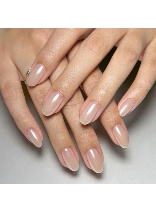 32Pcs Pearl Chrome Press on Nails Almond, Upgrade Short Almond False Nails, Reusable Nail Kit with Nail Glue Adhesive Tabs Mini Nail File, Nails Press Ons 16 Sizes - Image 1