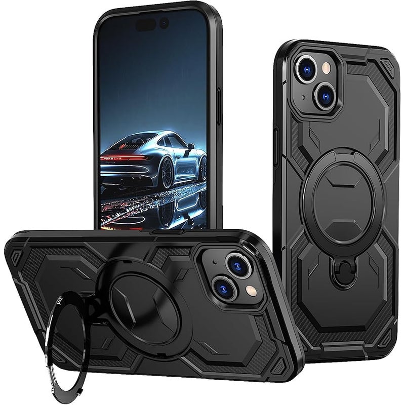 Military Grade Armor Shell Warrior for iPhone 13 & 14 Case with Ring Stand 360°Rotatable, Compatible with MagSafe, Shockproof Military Grade Protection, Magnetic Kickstand Phone Case (Frosted Black) - Image 1