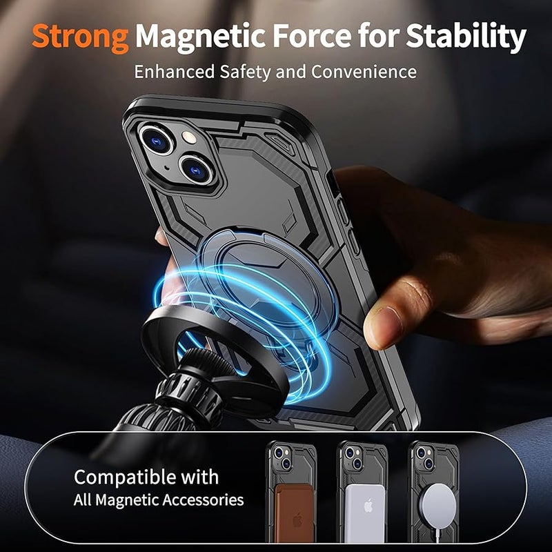 Military Grade Armor Shell Warrior for iPhone 13 & 14 Case with Ring Stand 360°Rotatable, Compatible with MagSafe, Shockproof Military Grade Protection, Magnetic Kickstand Phone Case (Frosted Black) - Image 4