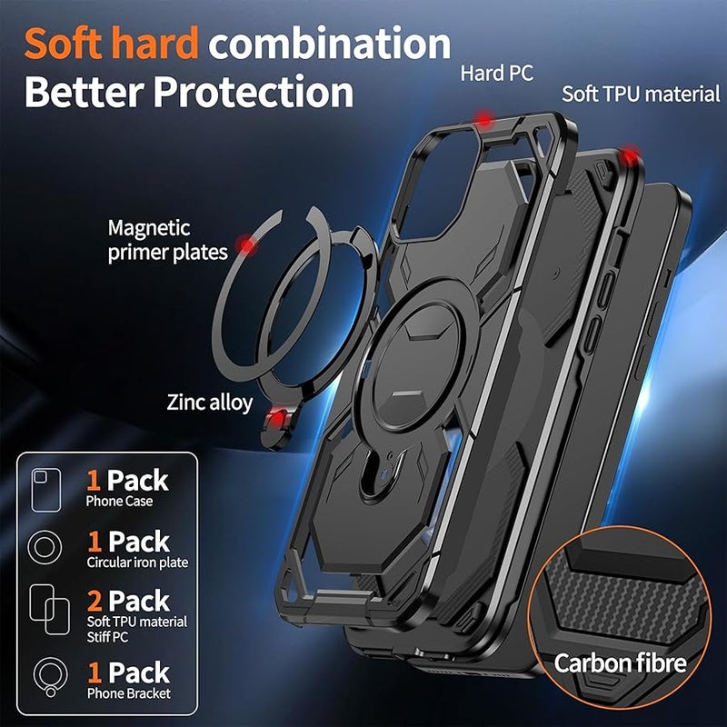 Military Grade Armor Shell Warrior for iPhone 13 & 14 Case with Ring Stand 360°Rotatable, Compatible with MagSafe, Shockproof Military Grade Protection, Magnetic Kickstand Phone Case (Frosted Black) - Image 2