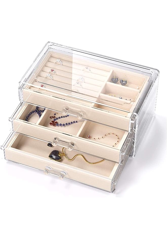 PROMASS 3-Drawer Jewelry Box, Velvet Jewellery Organizer, Clear Acrylic Jewelry Storage Case Display, Earring Rings Necklaces Bangle Bracelet Display Case Gift for Women, Girls (Beige) - Image 1