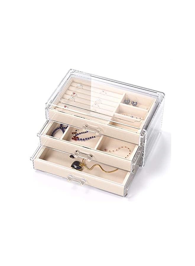 PROMASS 3-Drawer Jewelry Box, Velvet Jewellery Organizer, Clear Acrylic Jewelry Storage Case Display, Earring Rings Necklaces Bangle Bracelet Display Case Gift for Women, Girls (Beige) - Image 2