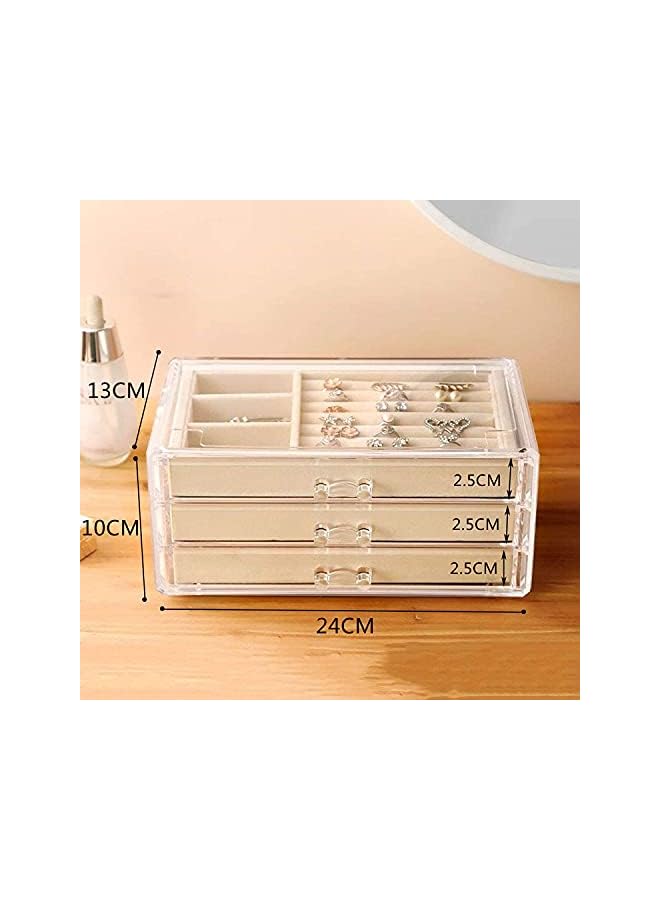 PROMASS 3-Drawer Jewelry Box, Velvet Jewellery Organizer, Clear Acrylic Jewelry Storage Case Display, Earring Rings Necklaces Bangle Bracelet Display Case Gift for Women, Girls (Beige) - Image 3
