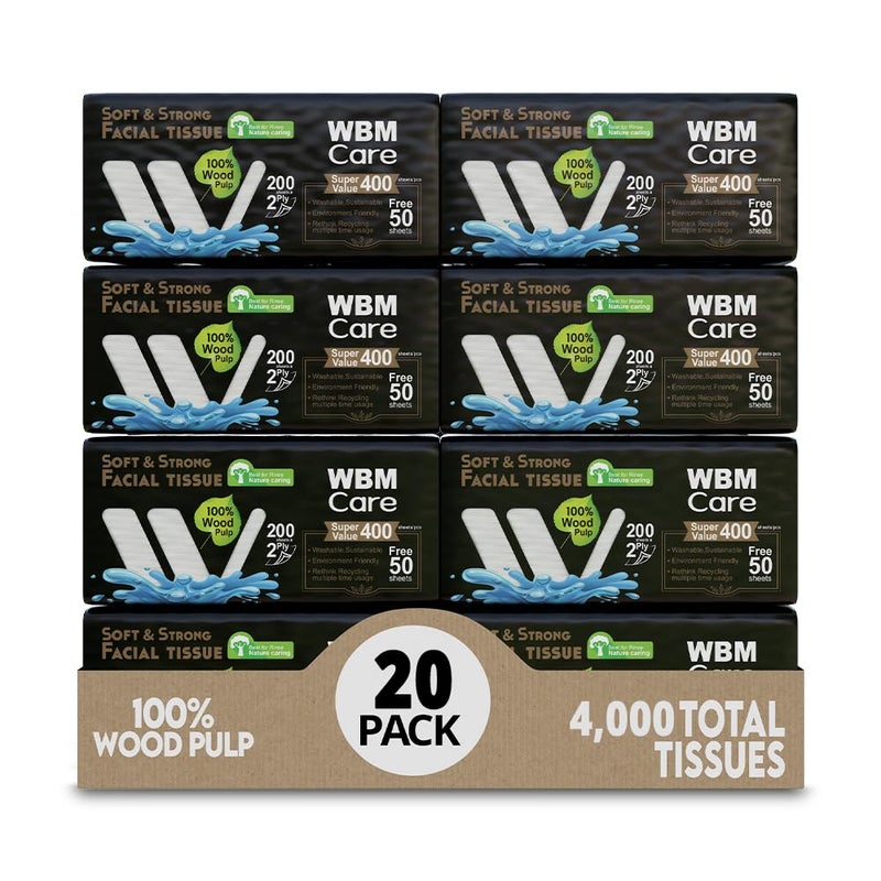 WBM Care 2Ply Facial Tissues with Tea Tree Fragrance  200 Sheets Pack of 20 4000 Total Ultra Soft 100 Natural Best for Rinse - Image 1