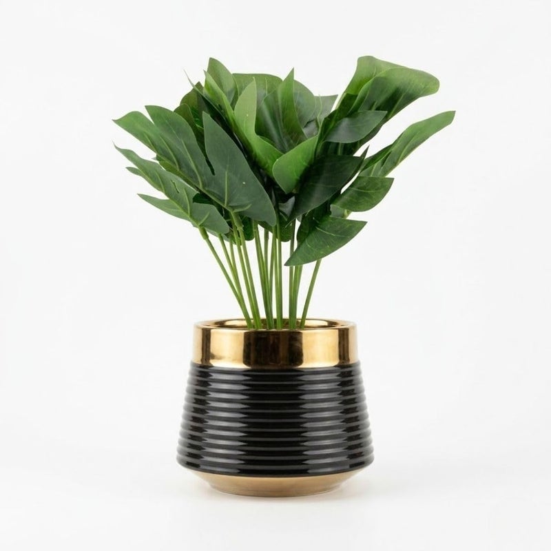 Artificial Plant Green Leaves in Ribbed Potted with Elegant Gold Accents, Indoor Shrubs for Home, Office, Shelves - Available in Black/White (Black)