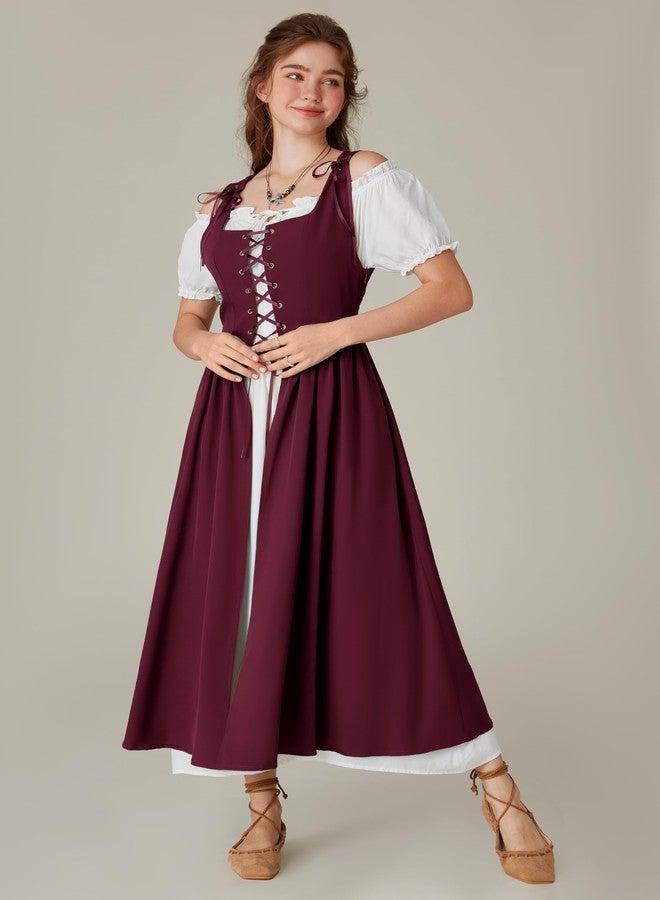 Scarlet Darkness Halloween Renaissance Costume Women Peasant Medieval Dress Short Sleeve Maxi Dresses with Pockets, Wine, L - Image 2