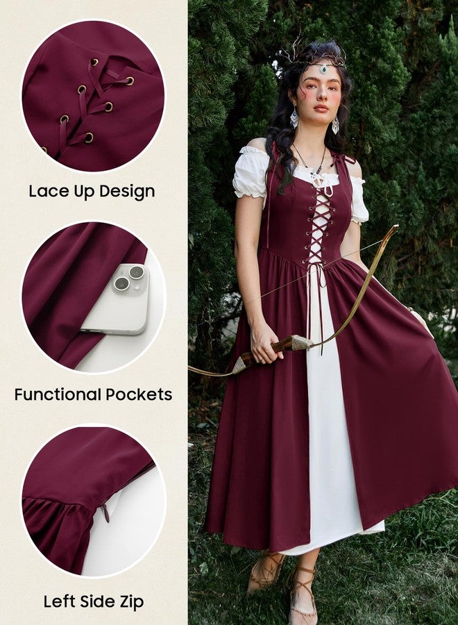 Scarlet Darkness Halloween Renaissance Costume Women Peasant Medieval Dress Short Sleeve Maxi Dresses with Pockets, Wine, L - Image 4