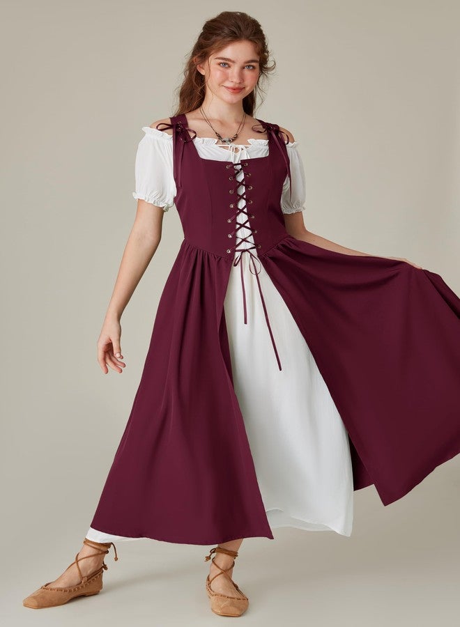 Scarlet Darkness Halloween Renaissance Costume Women Peasant Medieval Dress Short Sleeve Maxi Dresses with Pockets, Wine, L - Image 5