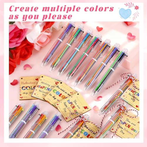 TOHONGADON 24 Set Valentine's Day Pens for Kids, Wooden Valentine Tags and Ballpoint Pen, 0.7mm 6-in-1 Retractable Multicolor Ballpoint Pens with Greeting Cards for Valentine Party School Classroom - Image 4