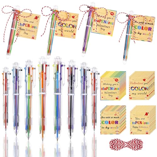 TOHONGADON 24 Set Valentine's Day Pens for Kids, Wooden Valentine Tags and Ballpoint Pen, 0.7mm 6-in-1 Retractable Multicolor Ballpoint Pens with Greeting Cards for Valentine Party School Classroom - Image 1