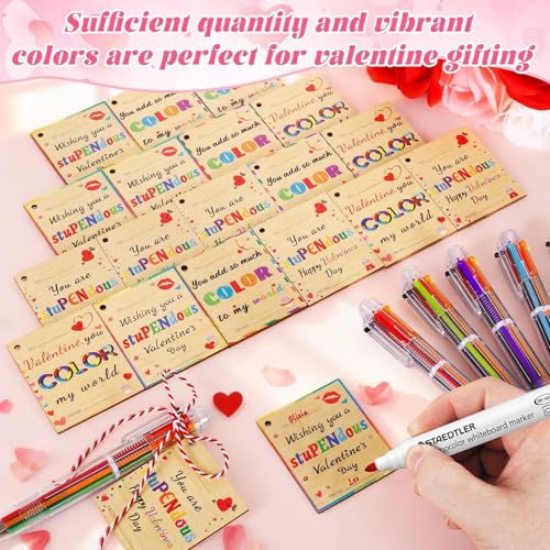 TOHONGADON 24 Set Valentine's Day Pens for Kids, Wooden Valentine Tags and Ballpoint Pen, 0.7mm 6-in-1 Retractable Multicolor Ballpoint Pens with Greeting Cards for Valentine Party School Classroom - Image 5