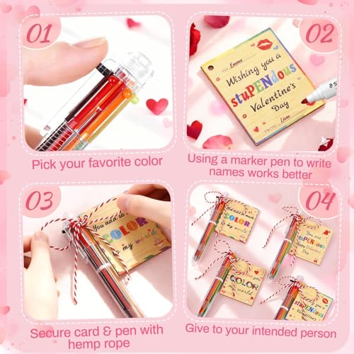 TOHONGADON 24 Set Valentine's Day Pens for Kids, Wooden Valentine Tags and Ballpoint Pen, 0.7mm 6-in-1 Retractable Multicolor Ballpoint Pens with Greeting Cards for Valentine Party School Classroom - Image 3