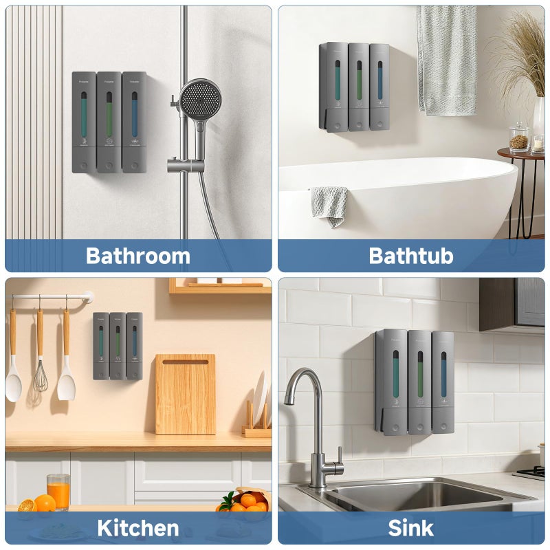 Pobamle Shampoo and Conditioner Dispenser - Shower Soap Dispenser Wall Mounted - Shampoo Conditioner Body Wash 3 Chamber No Drill - Easy Install for Bathroom Hotel Gungrey 1200ml - Image 3