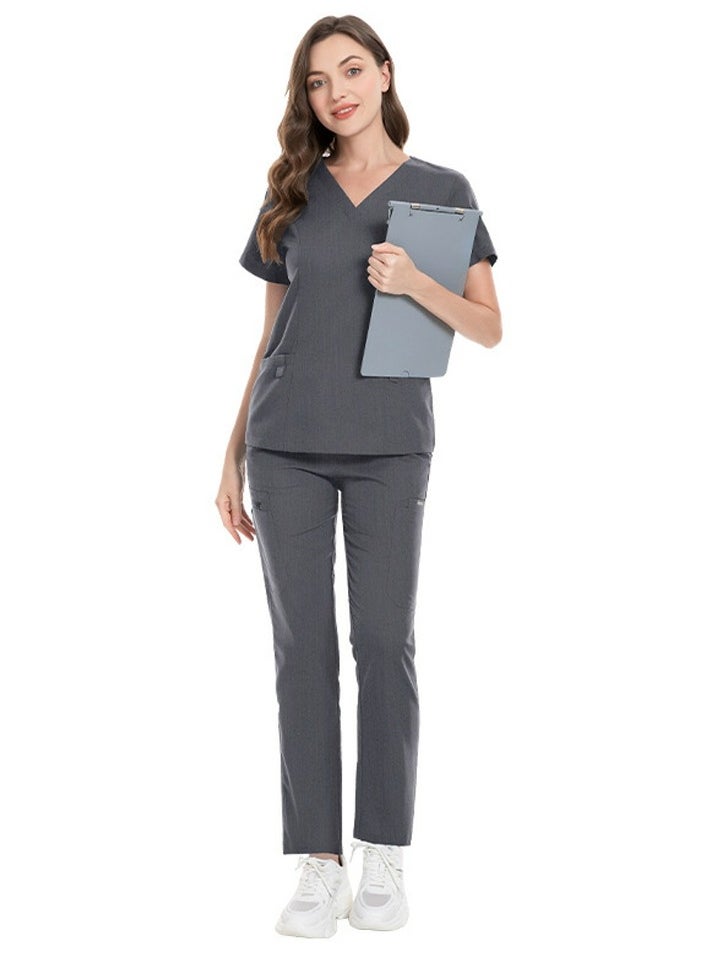 Loquat Unisex Fashion Medical Uniform Scrubs 2 Piece Set V-Neck Top and Pants Suit Grey 