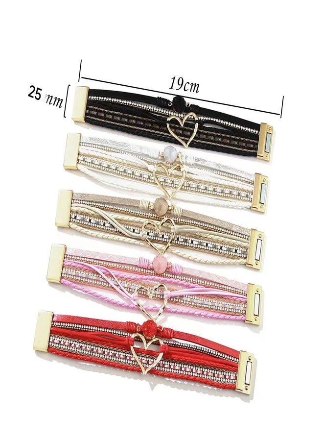 KunBead Women Pink Leather Wrap Heart Bracelets Braided Handmade Bohemian Multilayer Bracelet Wristband Cuff Birthday Jewelry - Image 2