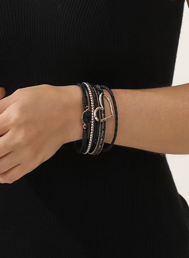 KunBead Women Pink Leather Wrap Heart Bracelets Braided Handmade Bohemian Multilayer Bracelet Wristband Cuff Birthday Jewelry - Image 4