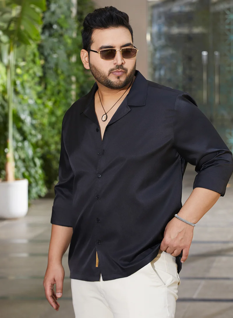 انستافاب بلس قميص رجالي أسود صلب بياقة كوبية وأكمام طويلة مريحة للمقاسات الكبيرة