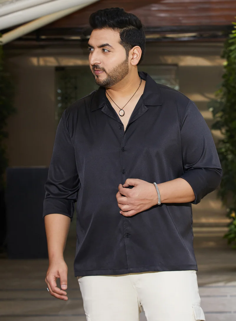 انستافاب بلس قميص رجالي أسود صلب بياقة كوبية وأكمام طويلة مريحة للمقاسات الكبيرة