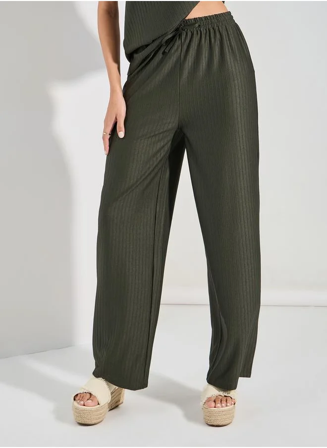 ستايلي Ribbed Texture Flutter Sleeve Top & Wide Leg Pants Co-Ord Set