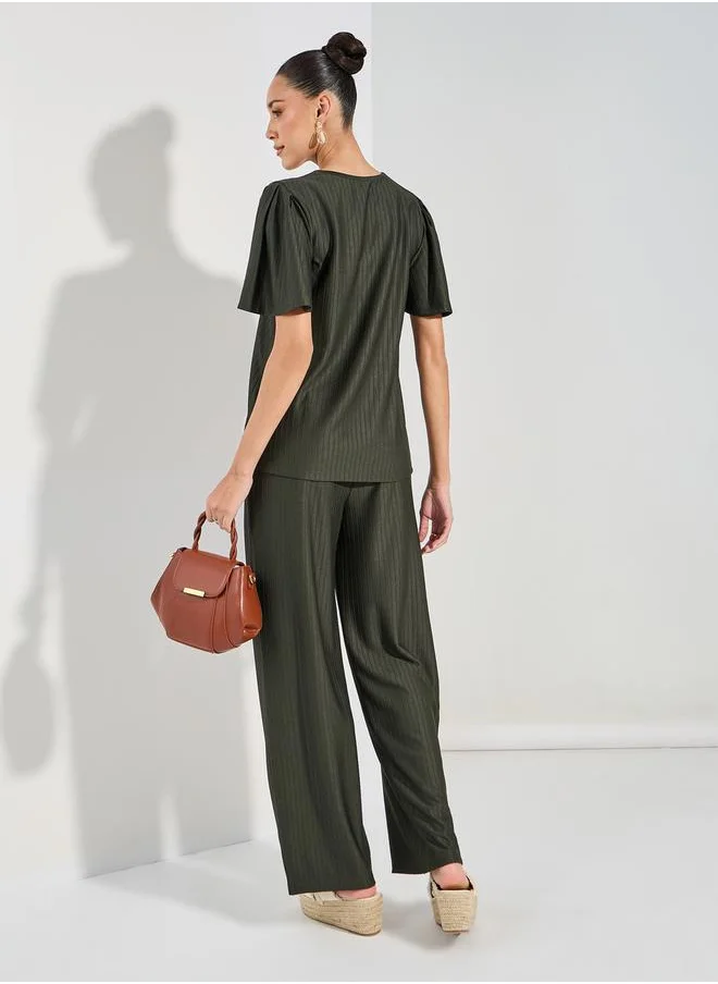 ستايلي Ribbed Texture Flutter Sleeve Top & Wide Leg Pants Co-Ord Set