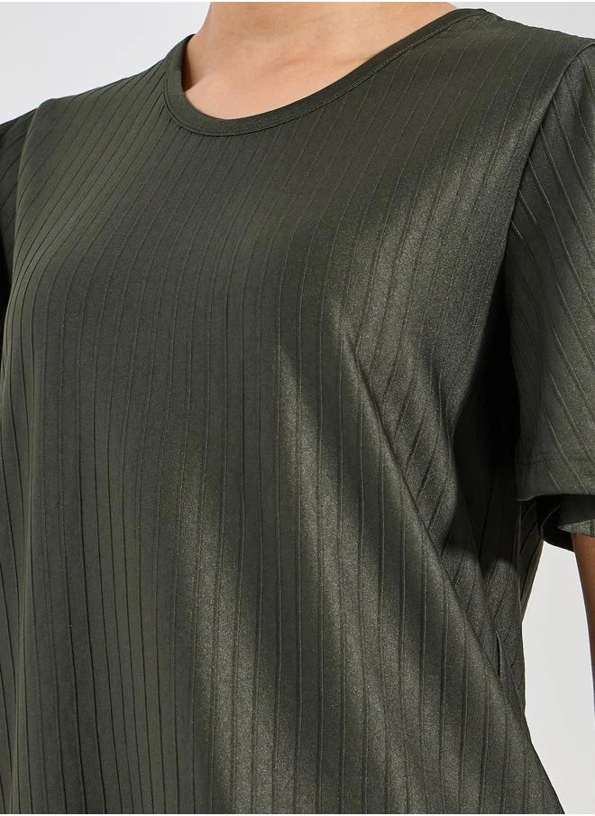 ستايلي Ribbed Texture Flutter Sleeve Top & Wide Leg Pants Co-Ord Set