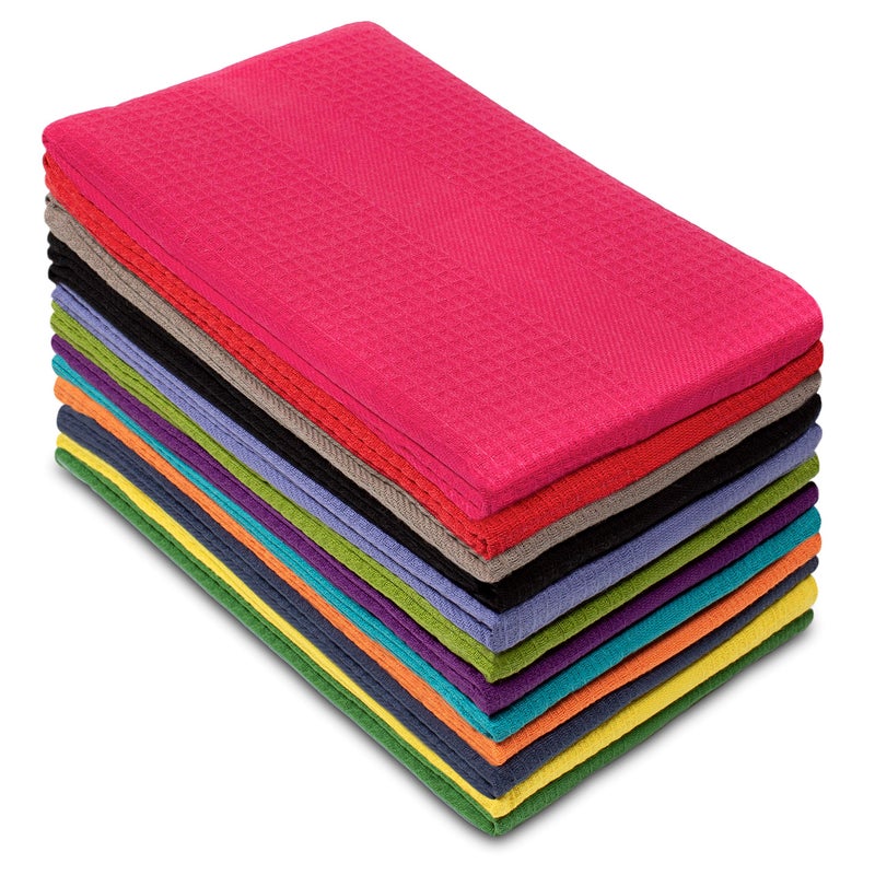 Cotton Craft 12 Pack Multicolor Kitchen Towels 16x28 Inches Pure Cotton Absorbent Waffle Weave