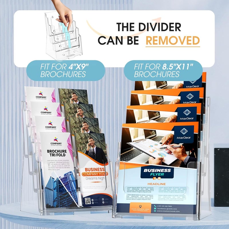 Max Gear Acrylic Brochure Holder 8.5 x 11 inch, 4 Tier Clear Literature Organizer Magazine Stand Display with Removable Divider for 4 x 9 inch Brochures, Pamphlet, Wall Mount or Countertop, 2 Pack - Image 3